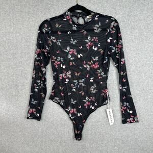 Ellie & Kate Mesh Long Sleeve Bodysuit Women's Size M Black Butterfly Y2K NWT